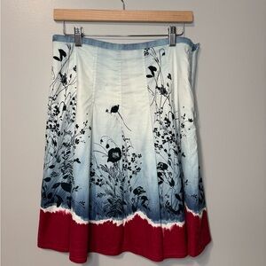 BCBGMAXAZRIA A-Line Pleated Botanical Print Skirt Ombré Blue with Red
